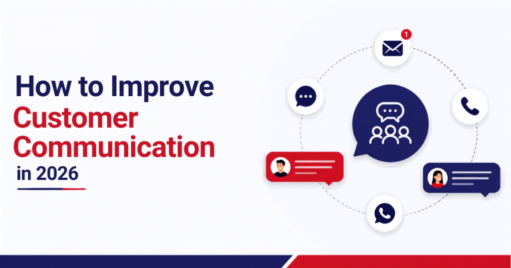 Customer Communication infographic showing omnichannel communication, messaging, email, phone, and chat icons representing effective Customer Communication Strategies in 2026.